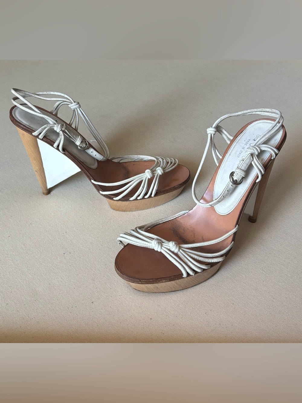 Sergio Rossi White Knot-Strap Wood Platform Wedge Sandals Sz. 41